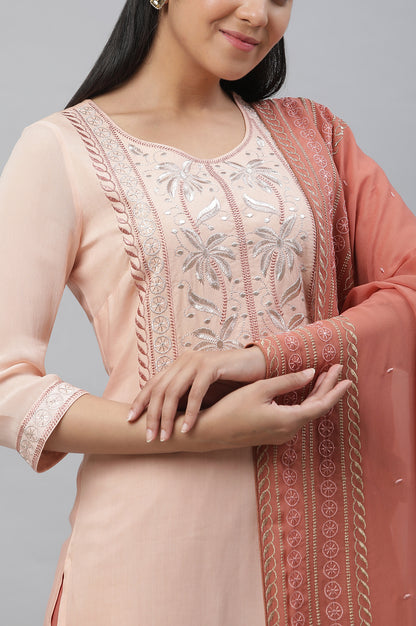 Peach Embroidered Kurta, Palazzos and Dupatta Set