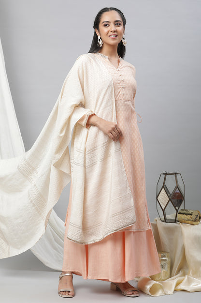 Peach Embroidered Kurta, Palazzos and Off-White Dupatta Set