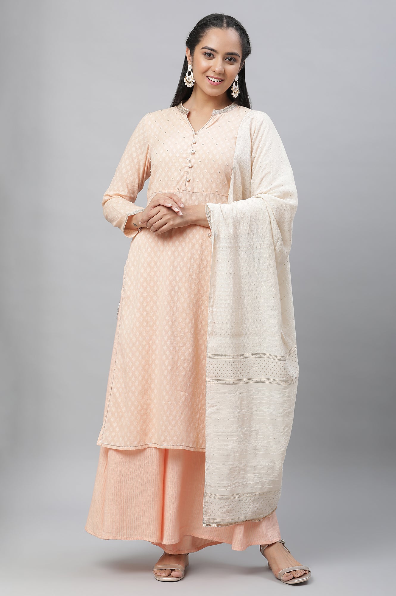 Peach Embroidered Kurta, Palazzos and Off-White Dupatta Set