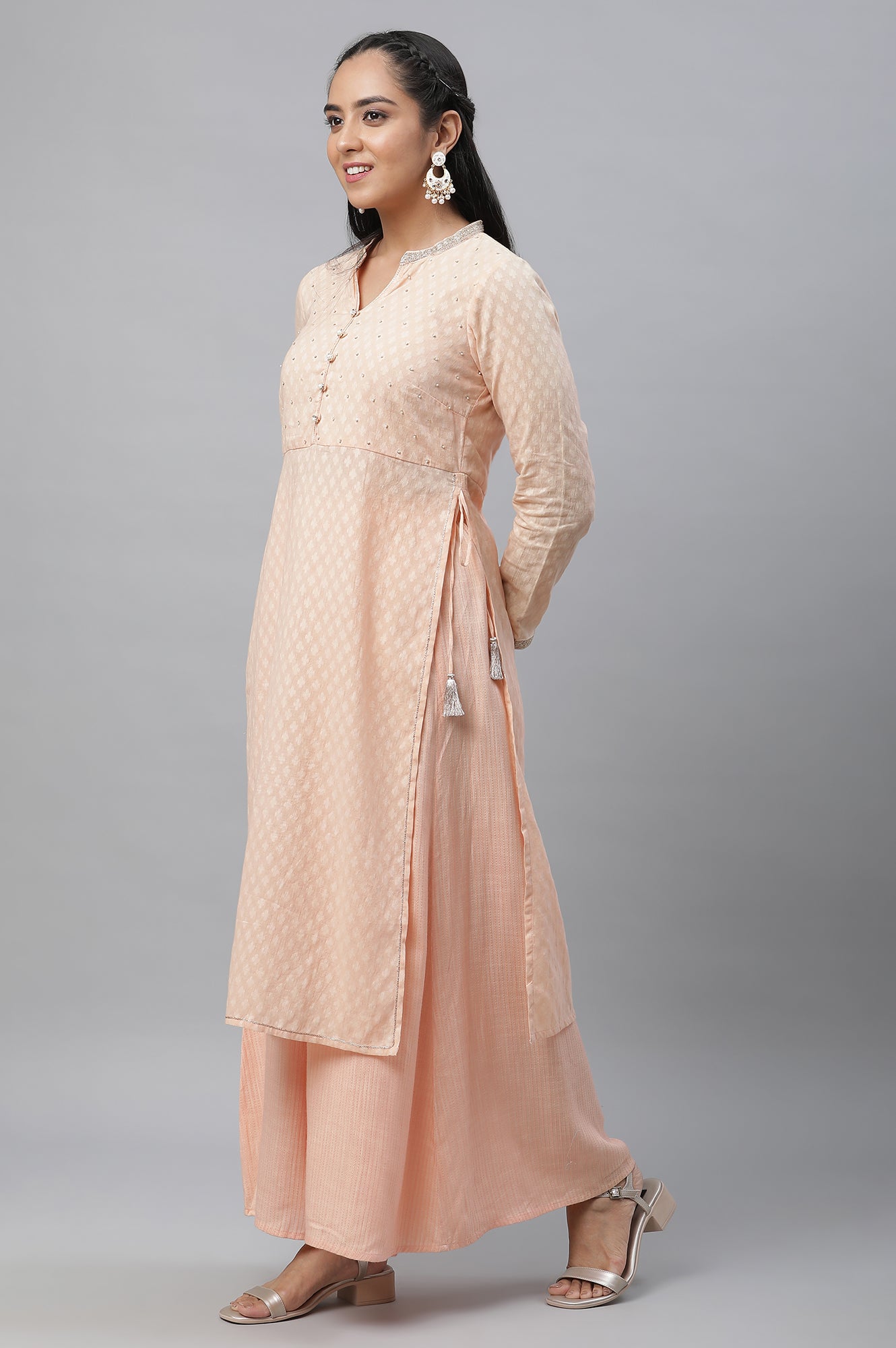 Peach Embroidered Kurta, Palazzos and Off-White Dupatta Set