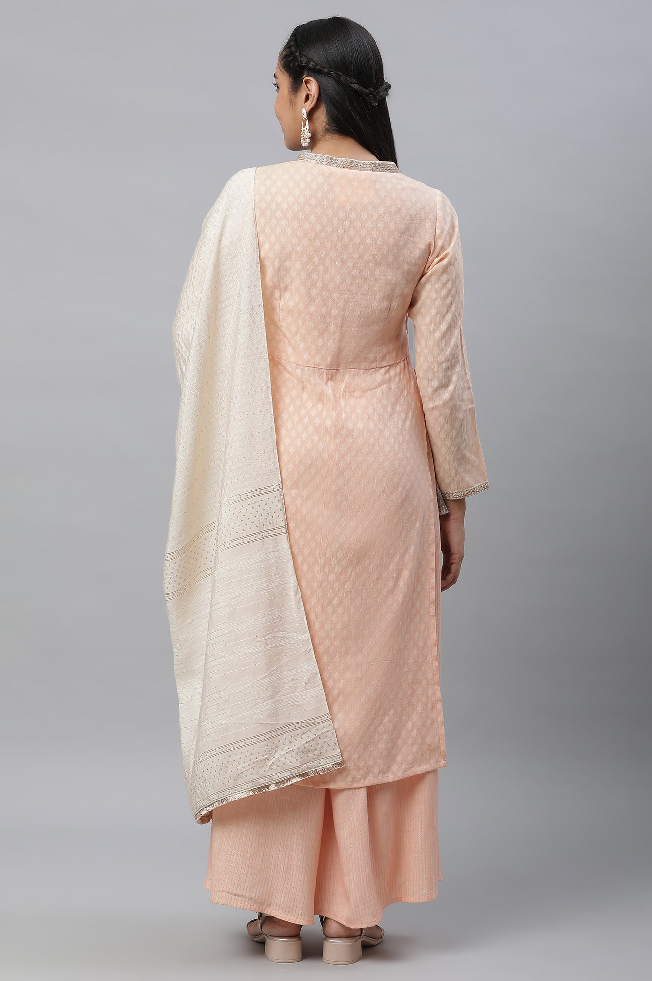 Peach Embroidered Kurta, Palazzos and Off-White Dupatta Set