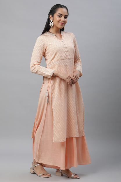 Peach Embroidered Kurta, Palazzos and Off-White Dupatta Set