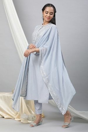 Blue Embellished Festive Kurta, Trousers and Dupatta Set