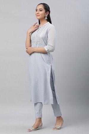 Blue Embellished Festive Kurta, Trousers and Dupatta Set