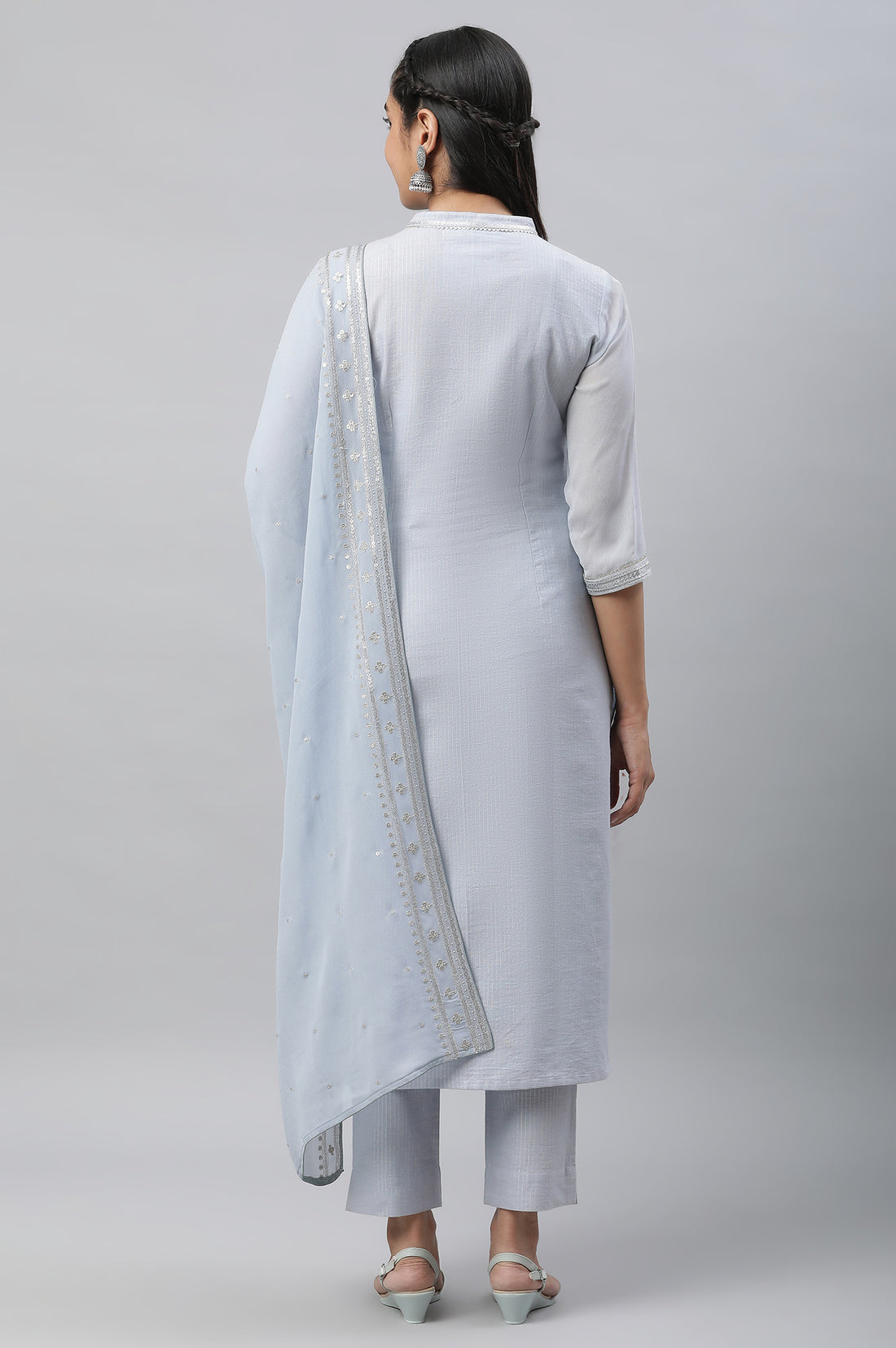 Blue Embellished Festive Kurta, Trousers and Dupatta Set