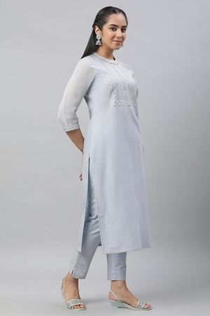 Blue Embellished Festive Kurta, Trousers and Dupatta Set