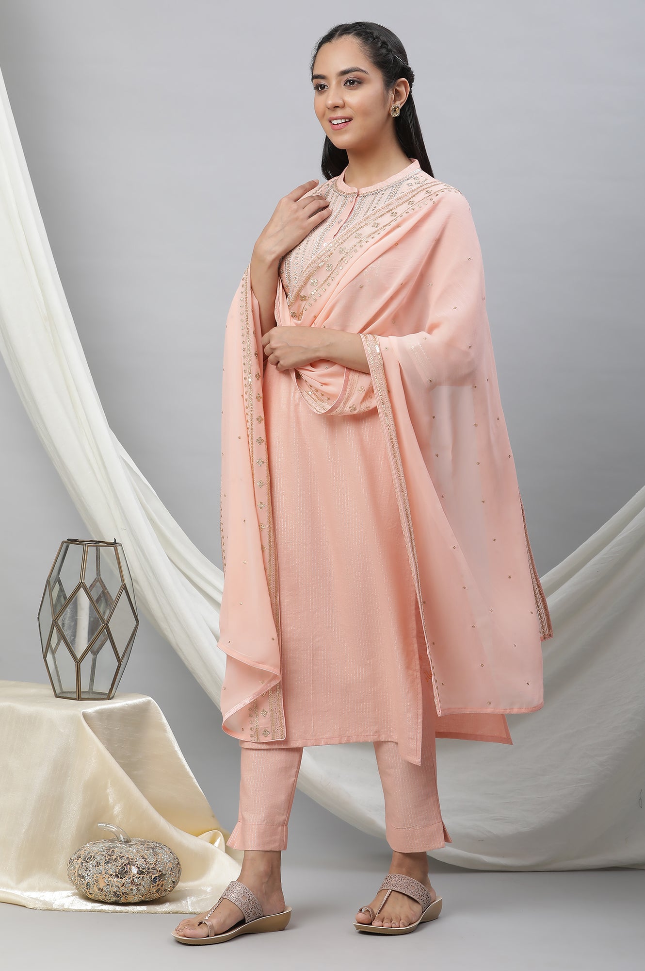 Peach Embellished Festive Kurta, Trousers and Dupatta Set