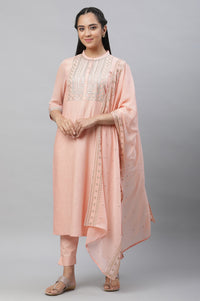 Peach Embellished Festive Kurta, Trousers and Dupatta Set