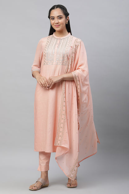 Peach Embellished Festive Kurta, Trousers and Dupatta Set