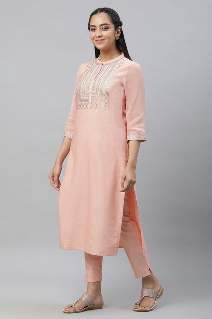 Peach Embellished Festive Kurta, Trousers and Dupatta Set