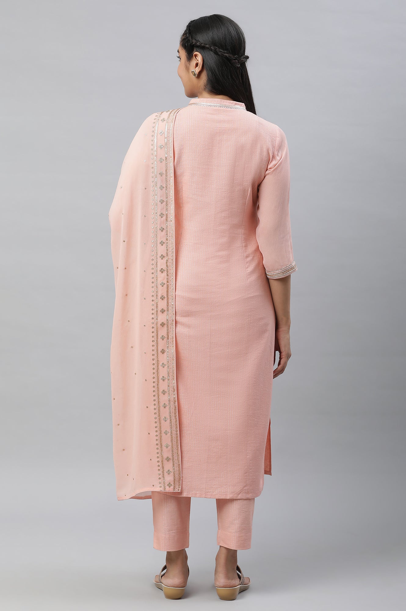 Peach Embellished Festive Kurta, Trousers and Dupatta Set