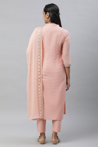 Peach Embellished Festive Kurta, Trousers and Dupatta Set