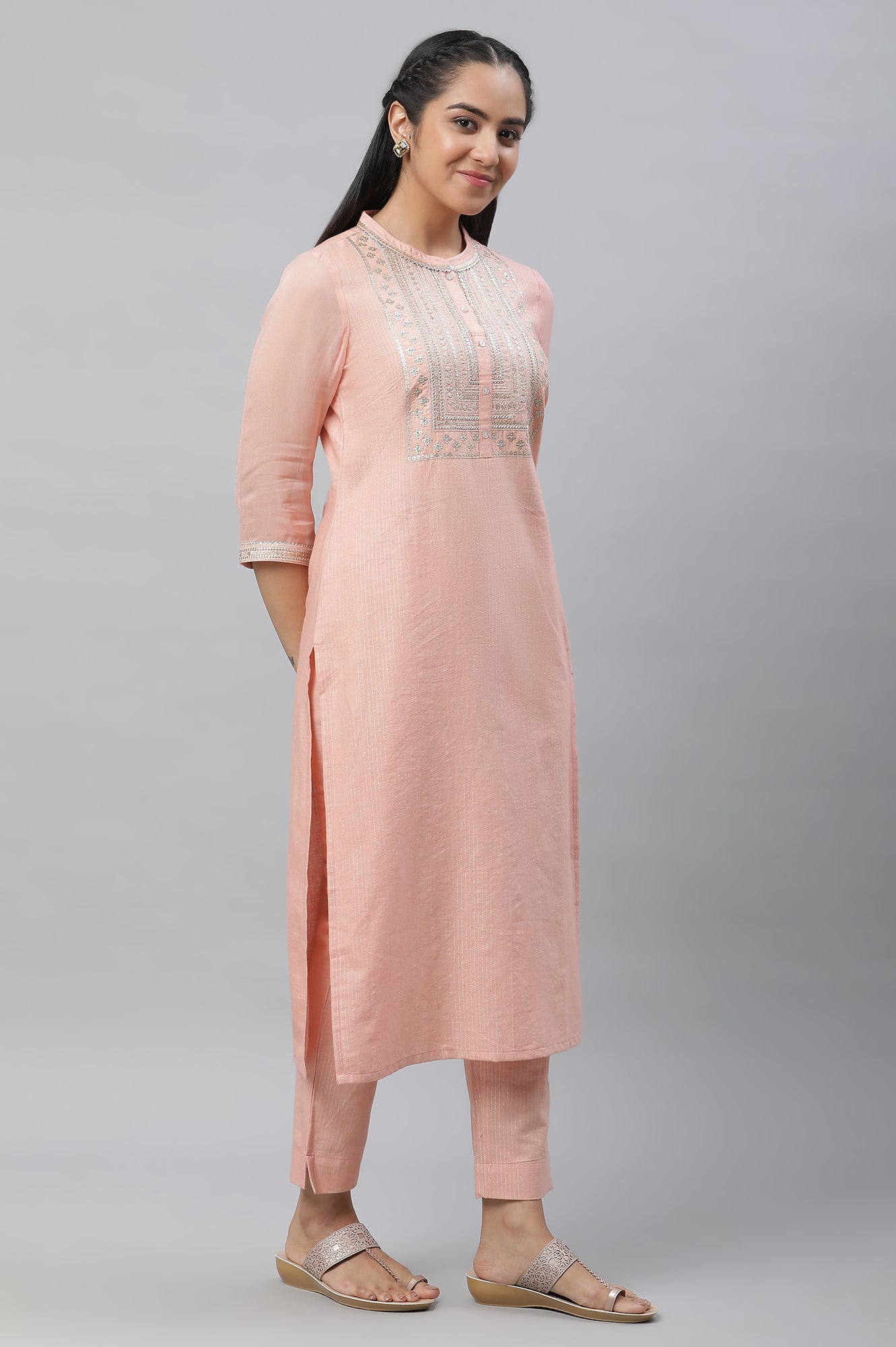 Peach Embellished Festive Kurta, Trousers and Dupatta Set