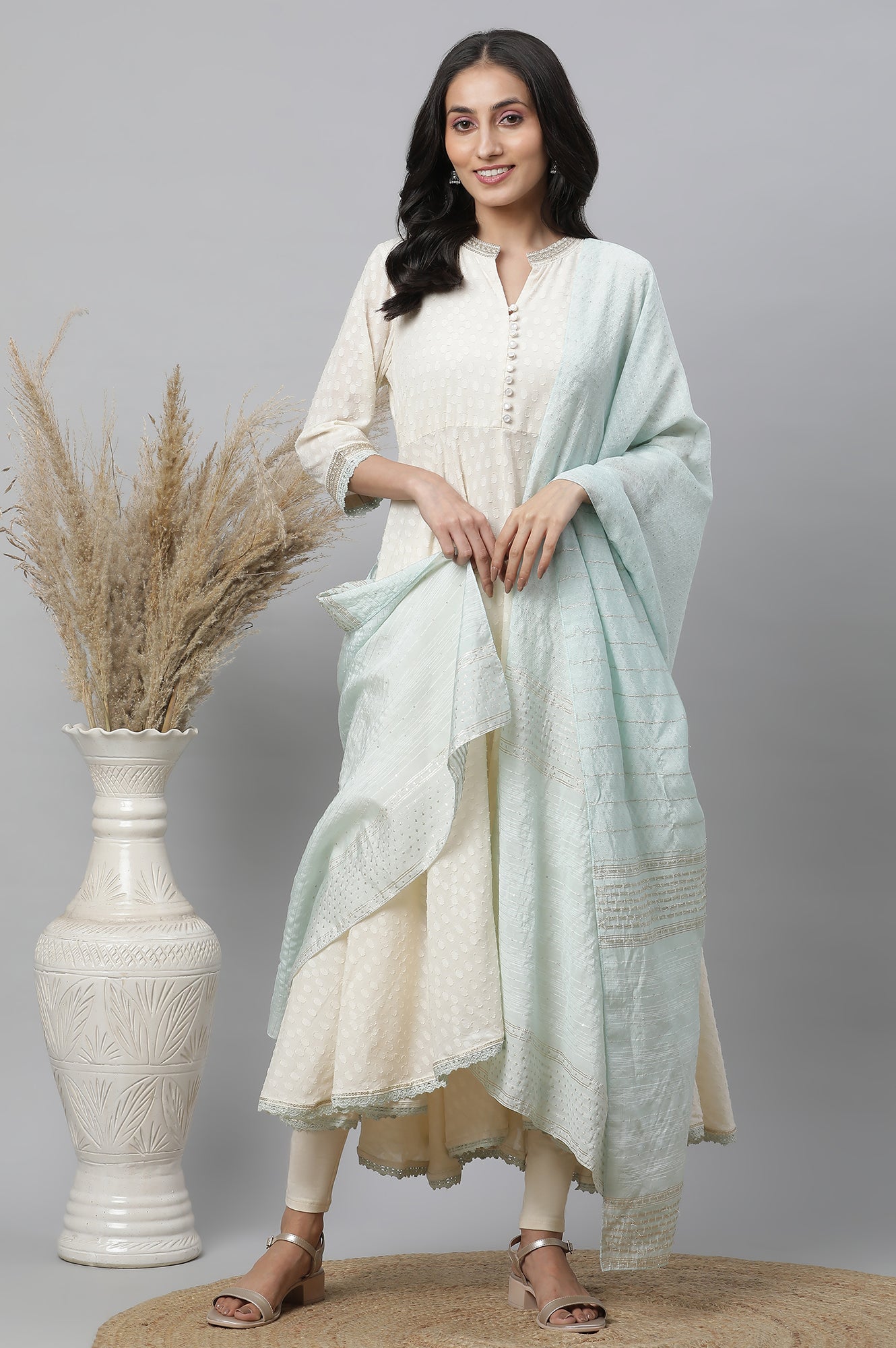 Off-White Asymmetrical Embellished Kurta, Tights &amp; Mint Dupatta