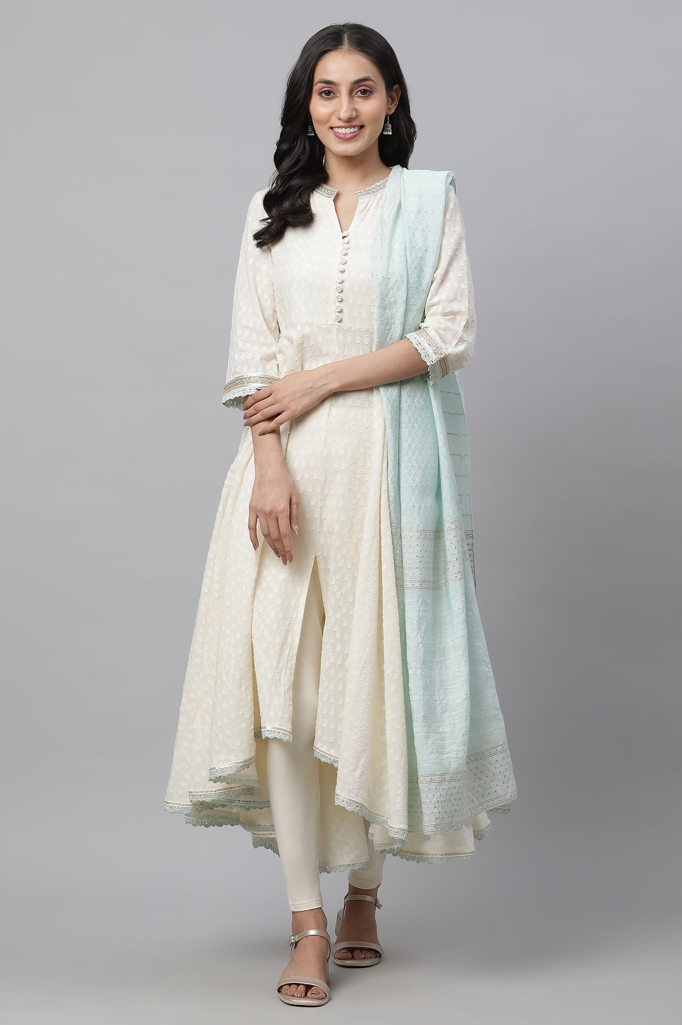 Off-White Asymmetrical Embellished Kurta, Tights & Mint Dupatta