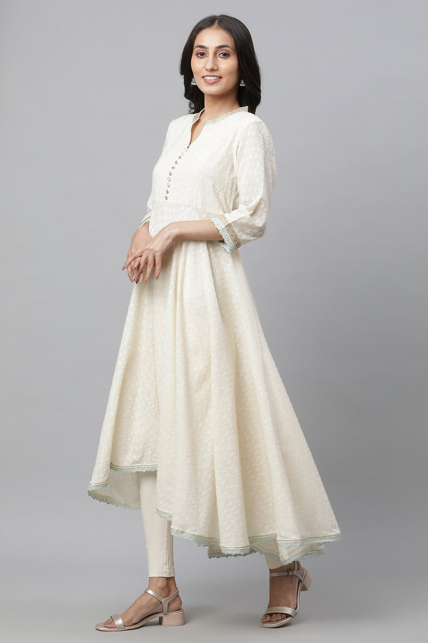 Off-White Asymmetrical Embellished Kurta, Tights & Mint Dupatta