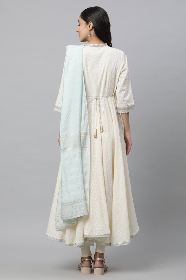 Off-White Asymmetrical Embellished Kurta, Tights & Mint Dupatta