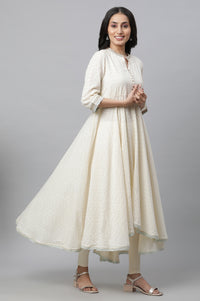 Off-White Asymmetrical Embellished Kurta, Tights &amp; Mint Dupatta