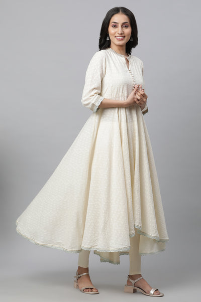 Off-White Asymmetrical Embellished Kurta, Tights & Mint Dupatta