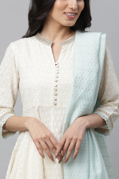 Off-White Asymmetrical Embellished Kurta, Tights &amp; Mint Dupatta