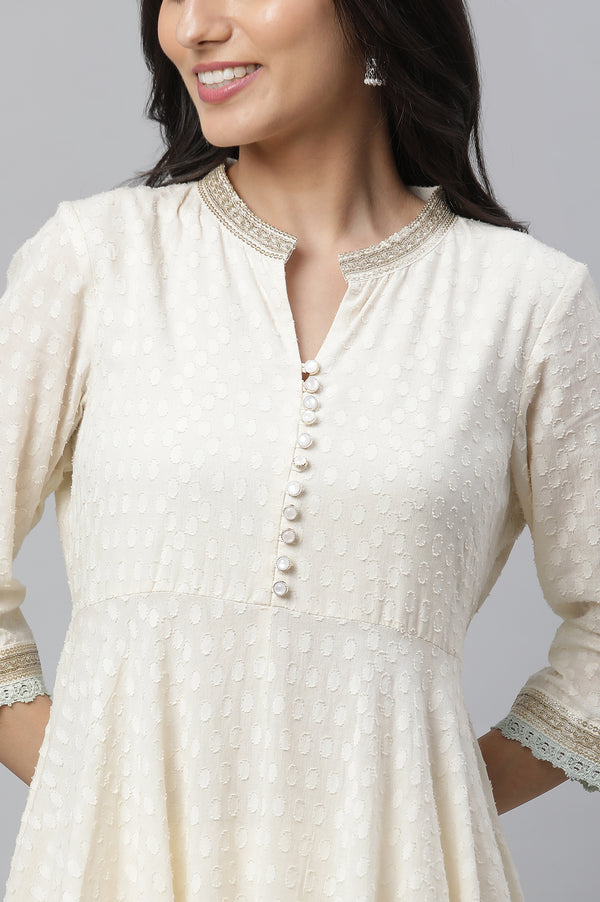 Off-White Asymmetrical Embellished Kurta, Tights & Mint Dupatta