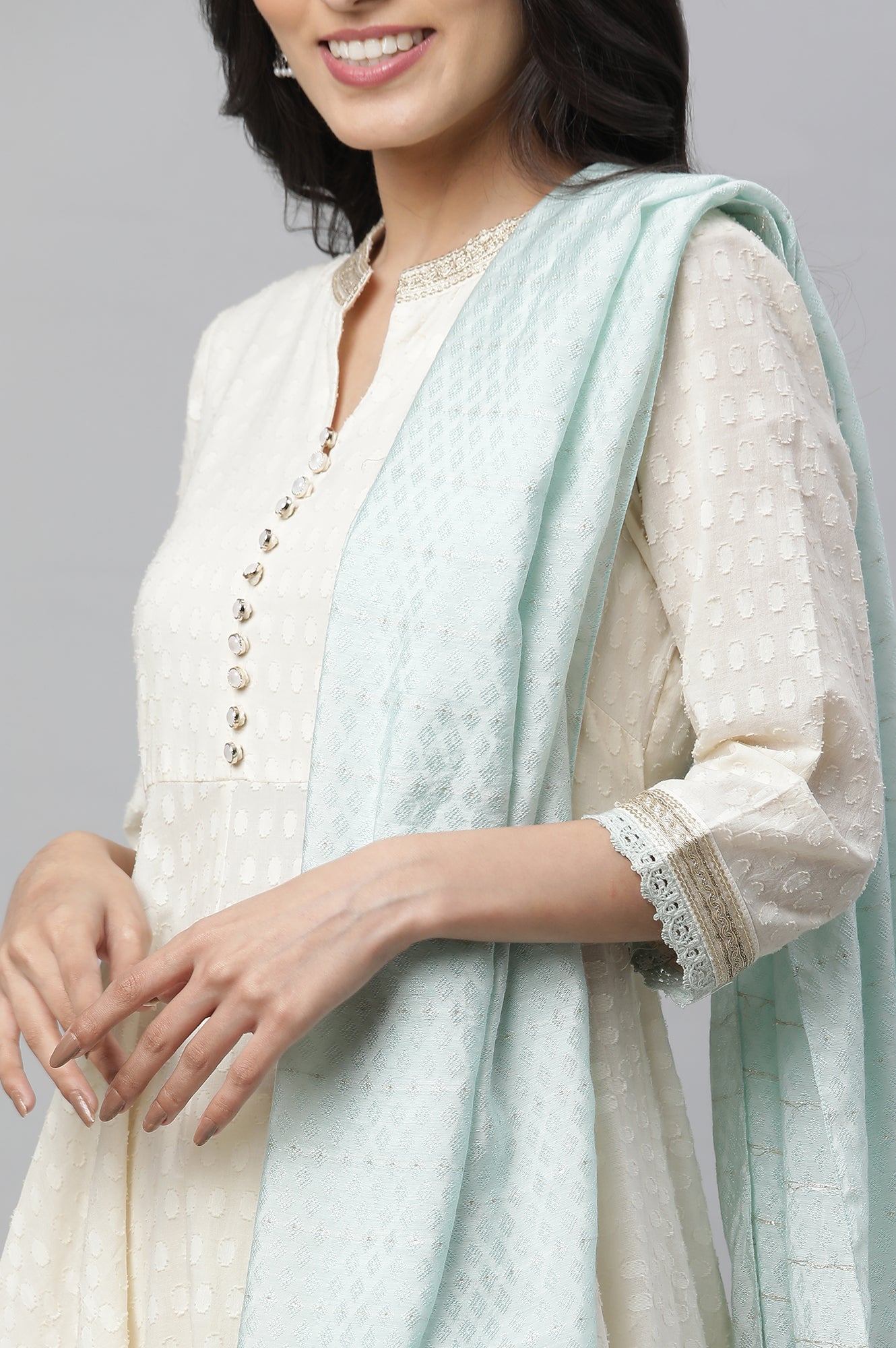 Off-White Asymmetrical Embellished Kurta, Tights &amp; Mint Dupatta