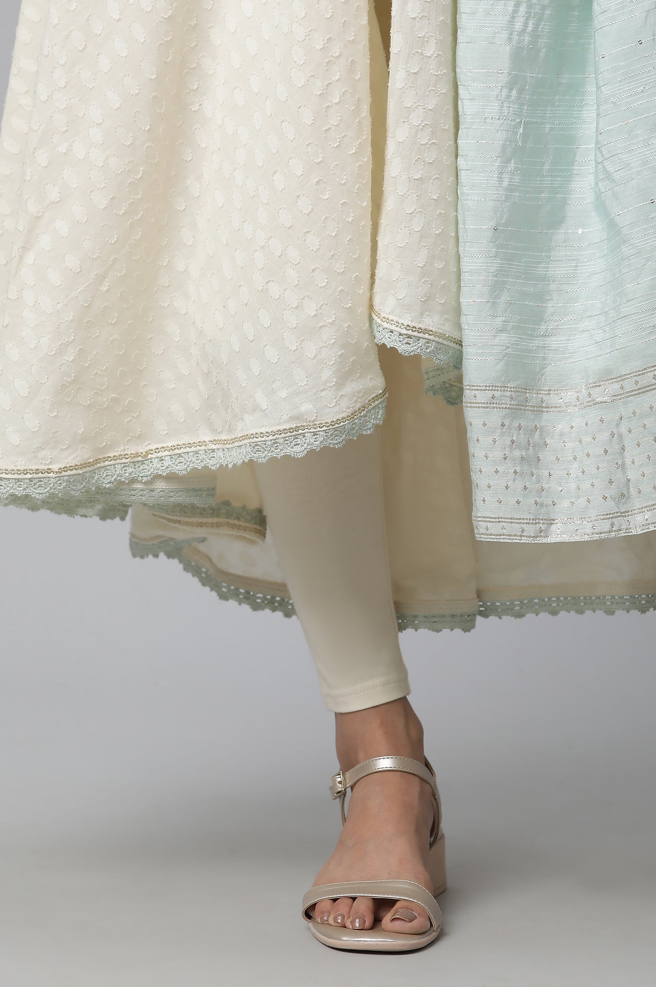 Off-White Asymmetrical Embellished Kurta, Tights &amp; Mint Dupatta