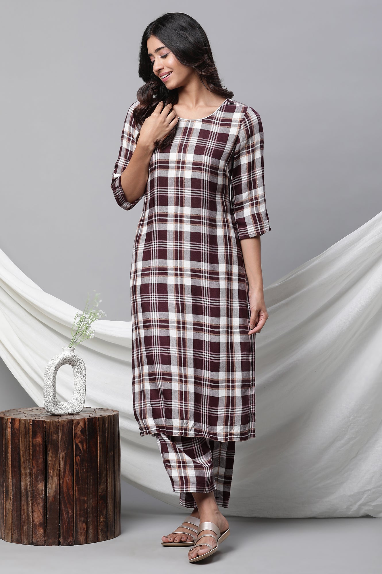 Maroon Checker Kurta &amp; Narrow Palazzo Co-ord Set