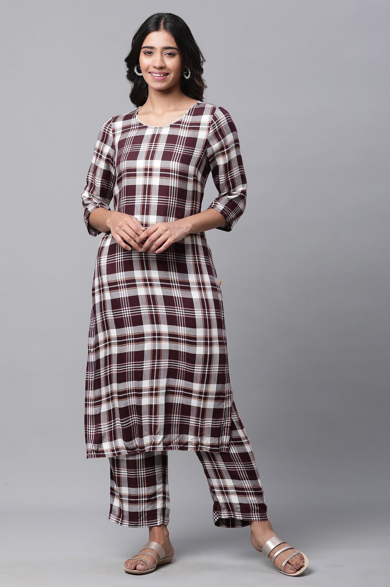 Maroon Checker Kurta &amp; Narrow Palazzo Co-ord Set