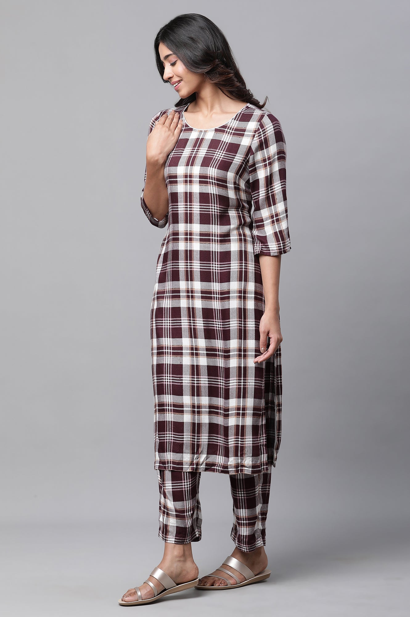 Maroon Checker Kurta &amp; Narrow Palazzo Co-ord Set