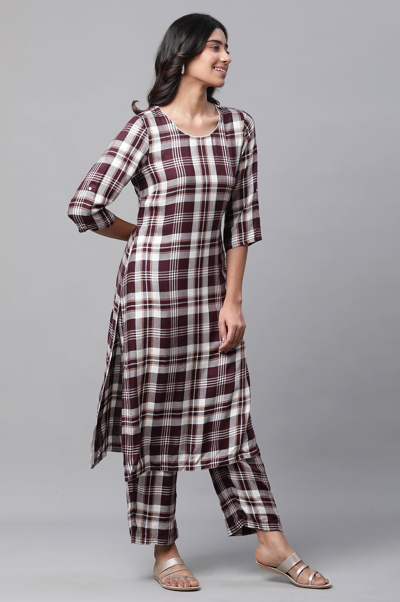 Maroon Checker Kurta &amp; Narrow Palazzo Co-ord Set