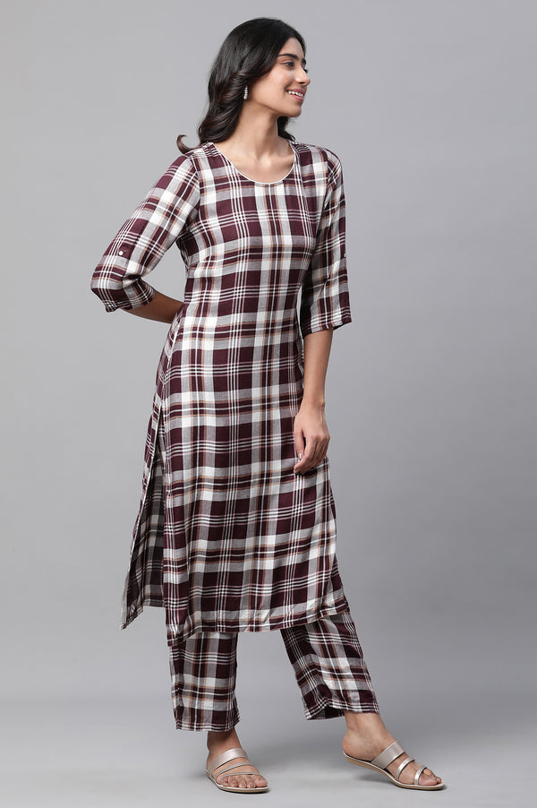 Maroon Checker Kurta & Narrow Palazzo Co-ord Set