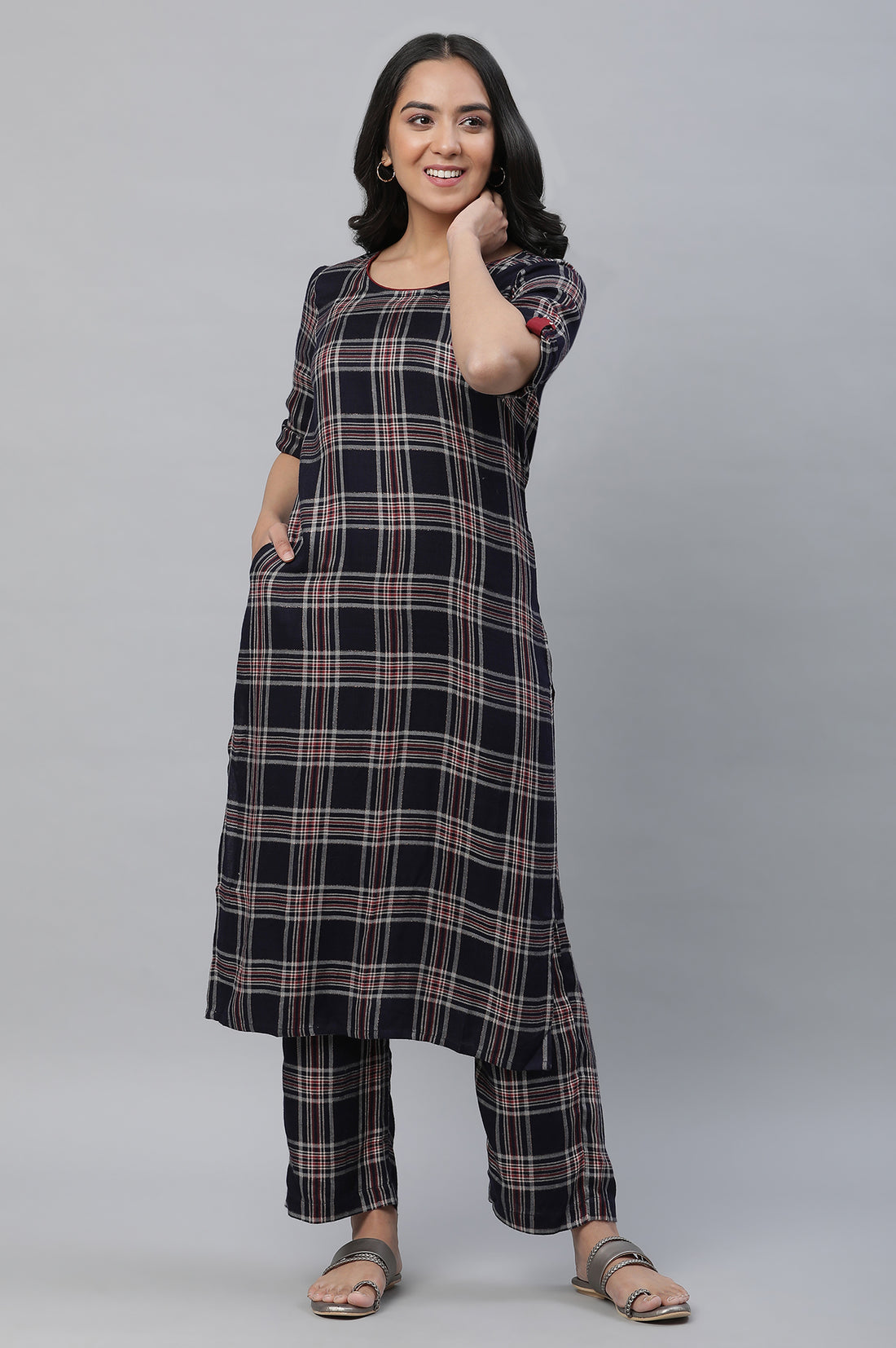 Blue Checker Kurta &amp; Narrow Palazzo Co-ord Set
