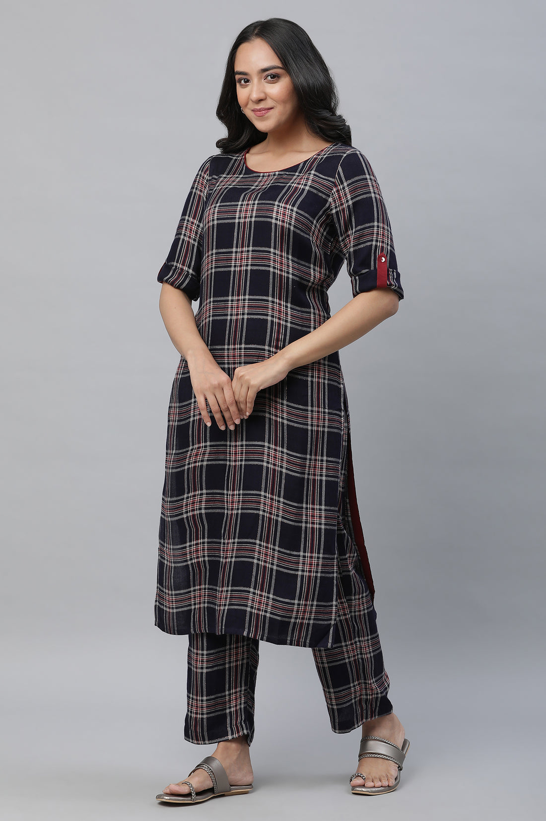 Blue Checker Kurta &amp; Narrow Palazzo Co-ord Set