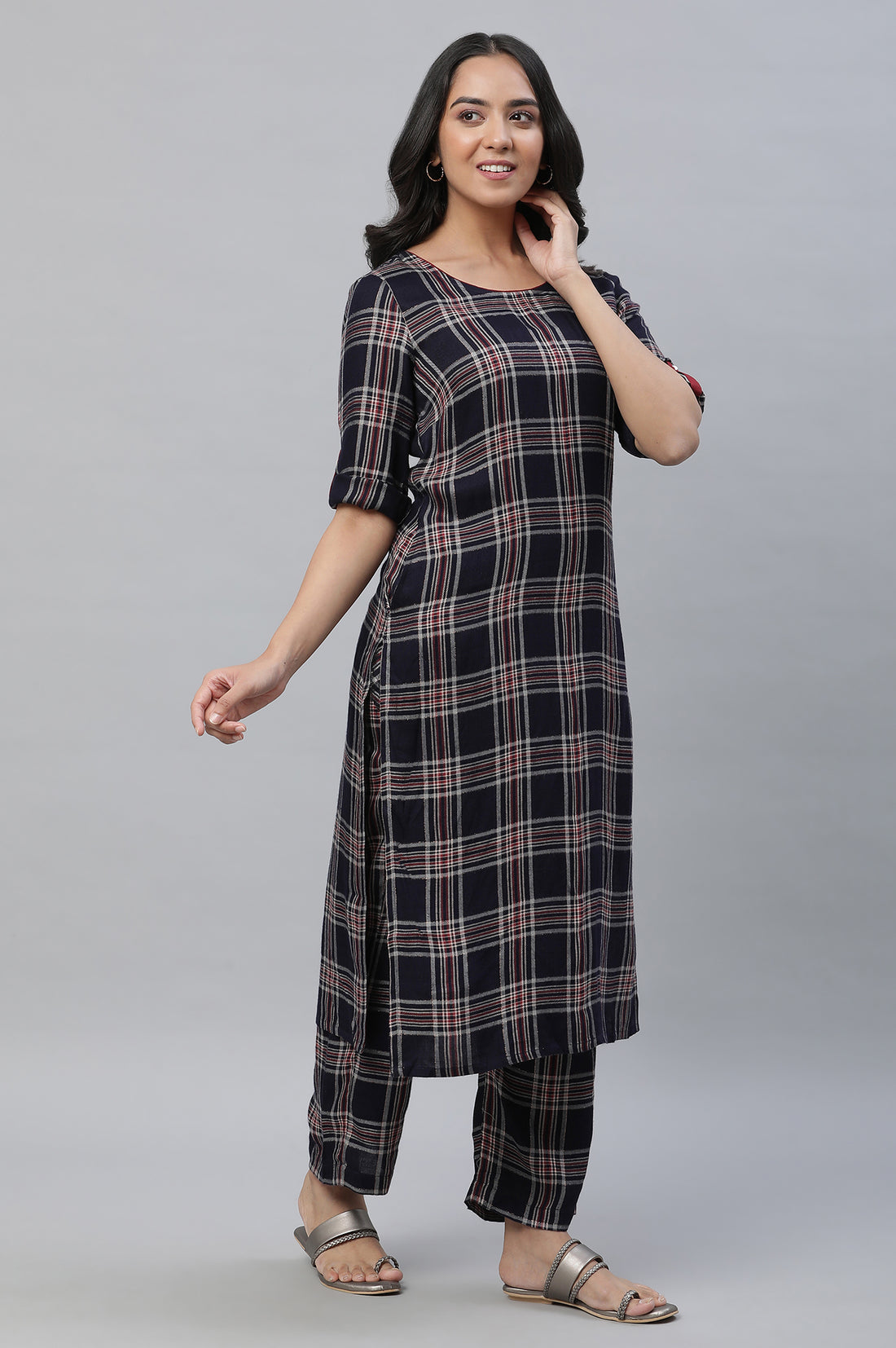 Blue Checker Kurta &amp; Narrow Palazzo Co-ord Set
