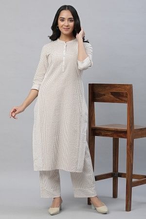 Beige Checker Seer Sucker Kurta &amp; Palazzo Co-ord Set