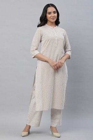 Beige Checker Seer Sucker Kurta &amp; Palazzo Co-ord Set