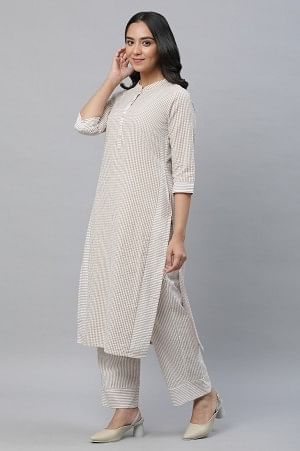 Beige Checker Seer Sucker Kurta &amp; Palazzo Co-ord Set