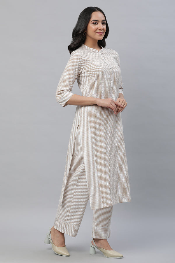 Beige Checker Textured Cotton Kurta and Palazzo Co-ord Set