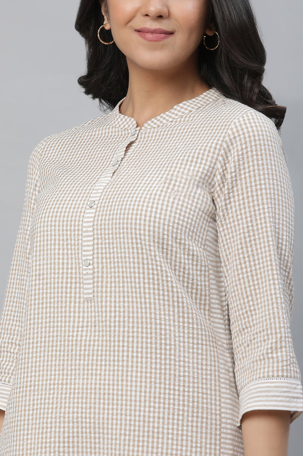 Beige Checker Textured Cotton Kurta and Palazzo Co-ord Set