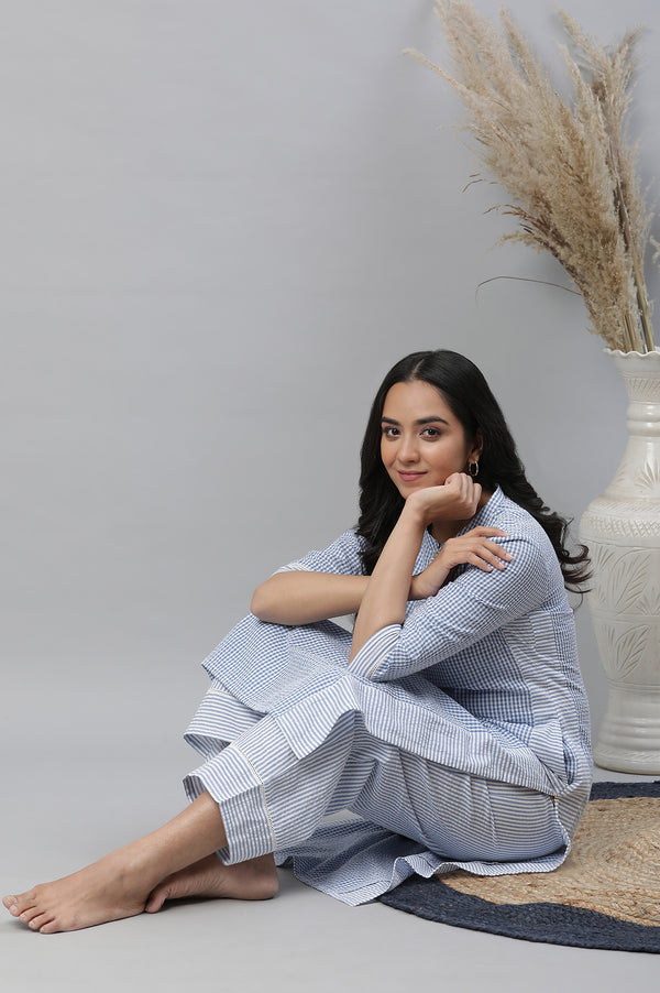 Blue Checker Textured Cotton Kurta and Palazzo Co-ord Set