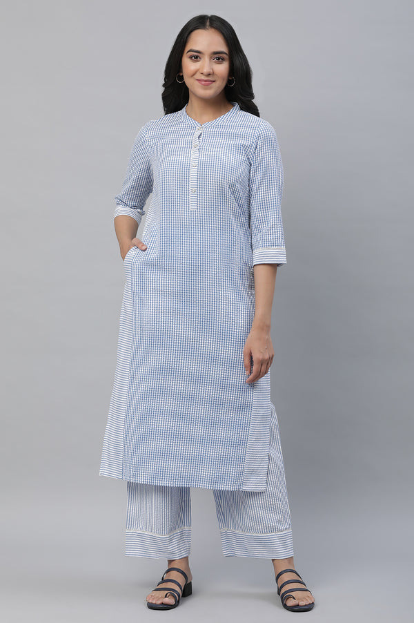 Blue Checker Textured Cotton Kurta and Palazzo Co-ord Set