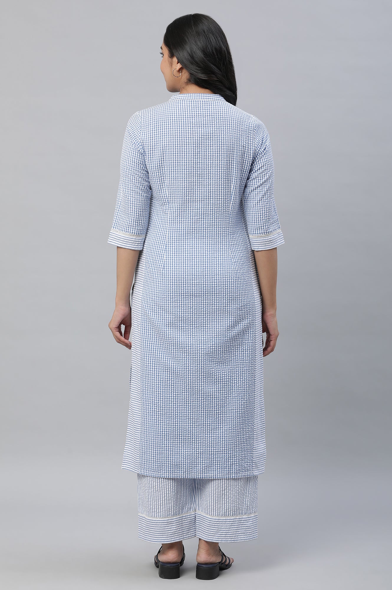 Blue Checker Seer Sucker Kurta &amp; Palazzo Co-ord Set