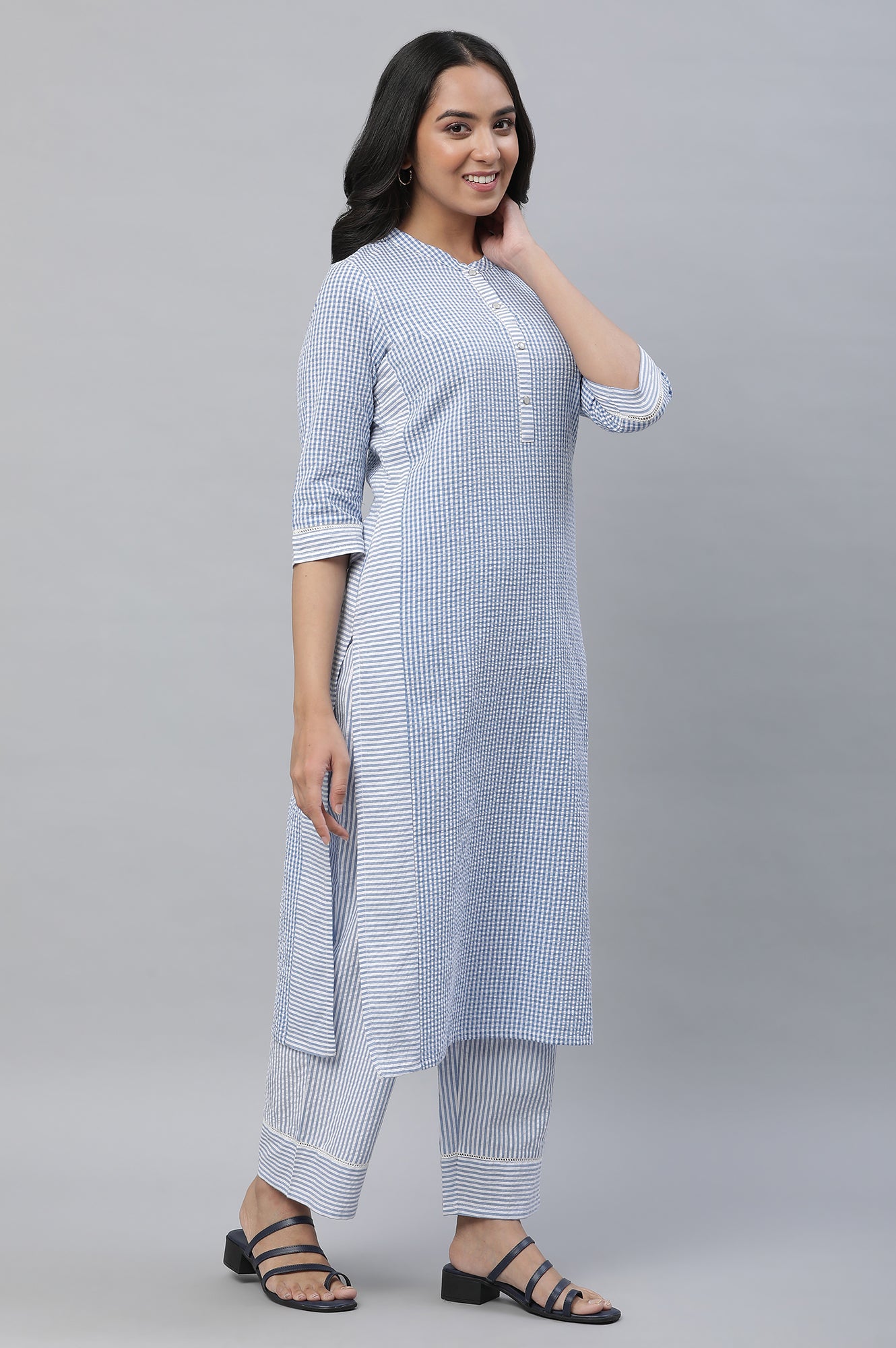 Blue Checker Seer Sucker Kurta &amp; Palazzo Co-ord Set