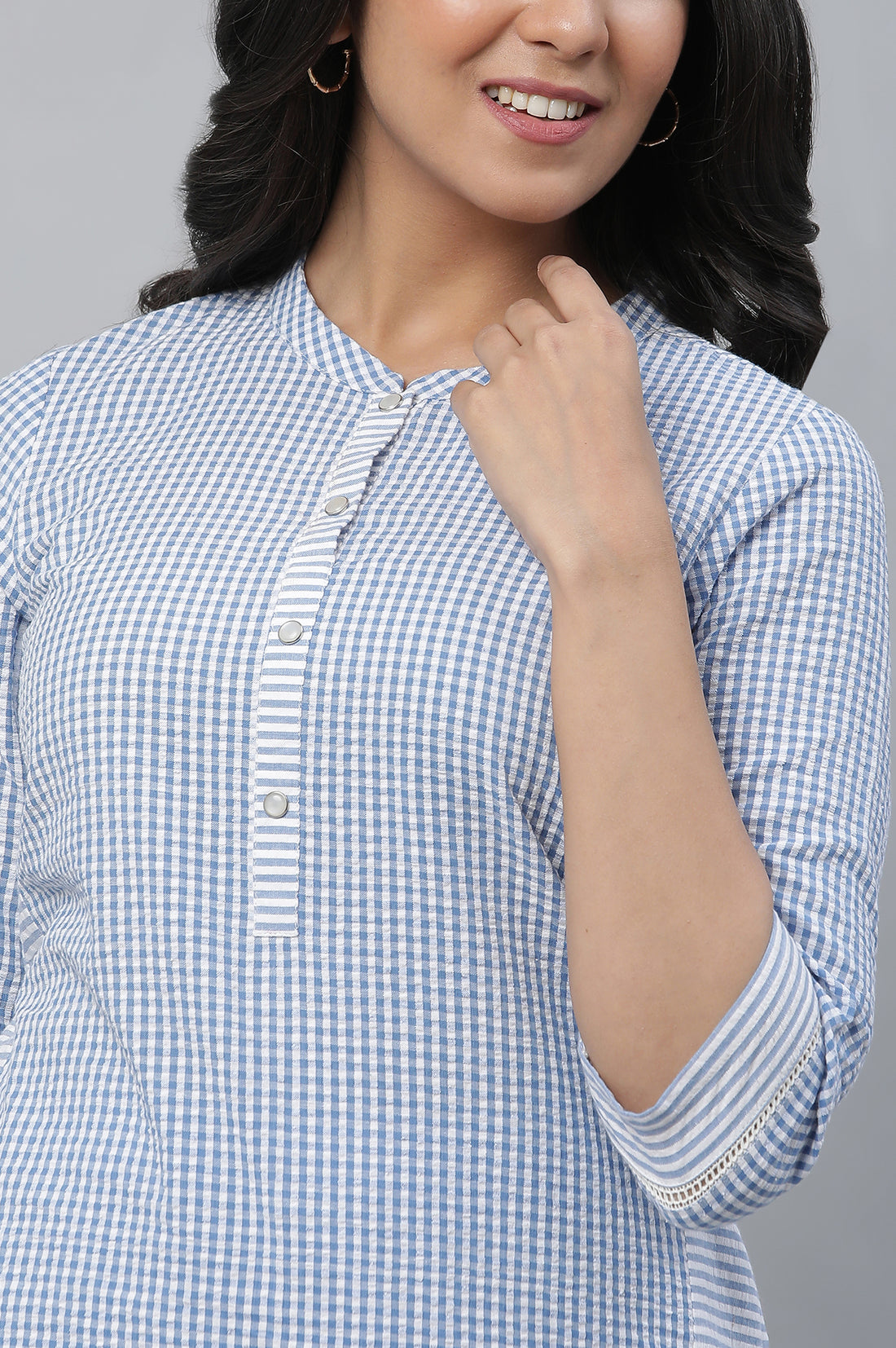 Blue Checker Textured Cotton Kurta and Palazzo Co-ord Set