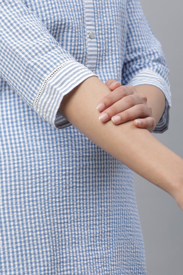 Blue Checker Textured Cotton Kurta and Palazzo Co-ord Set