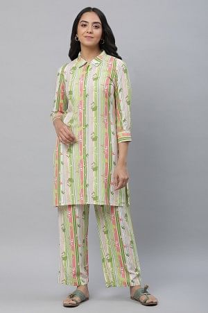 Green Kurta &amp; Trousers Co-ord Set in Multi-coloured Print