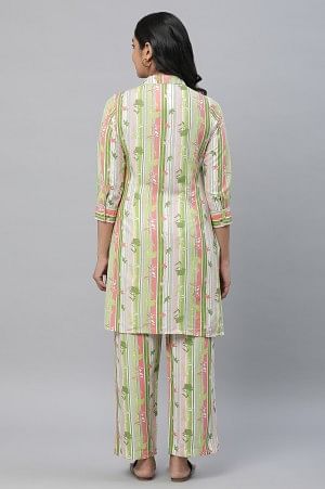 Green Kurta &amp; Trousers Co-ord Set in Multi-coloured Print