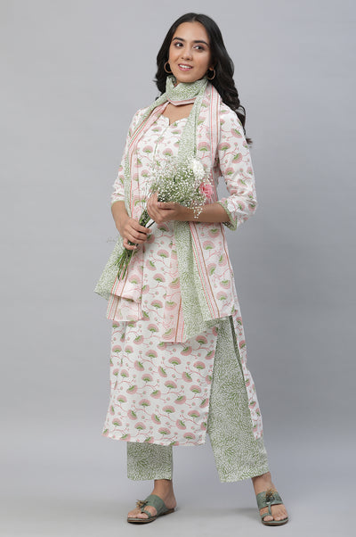 White Floral Printed Kurta, Pants & Dupatta Set