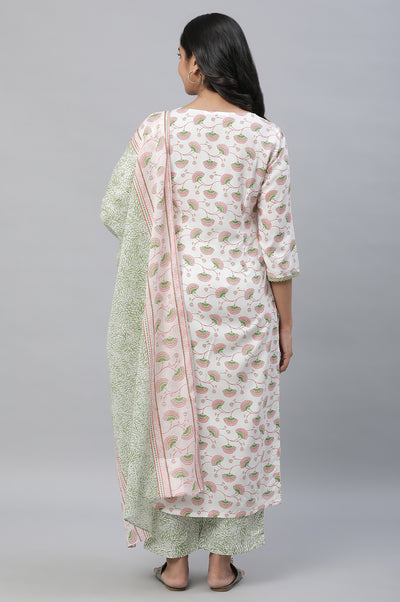 White Floral Printed Kurta, Pants & Dupatta Set